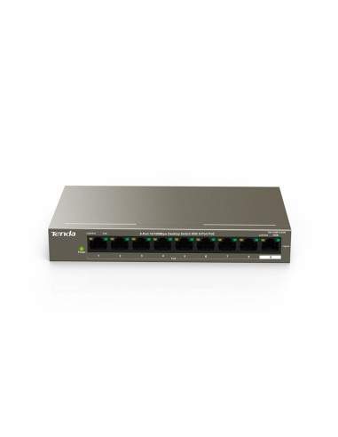 Tenda TEF1109P-8-63W PoE AT switch 8x PoE 802.3af/at, 9x 100Mb/s, PoE+ celkom 58W, fanless
