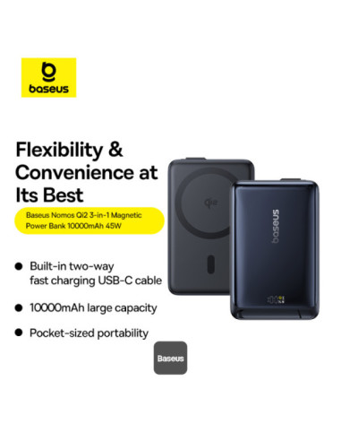 Baseus Powerbanka PicoGo Qi2 10000mAh 45W s káblom USB-C čierna