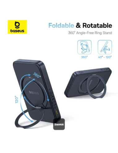 Baseus Powerbanka PicoGo Qi2 s otočným stojanom a bezdrôtovým nabíjaním 5000mAh 20W USB-C čierna