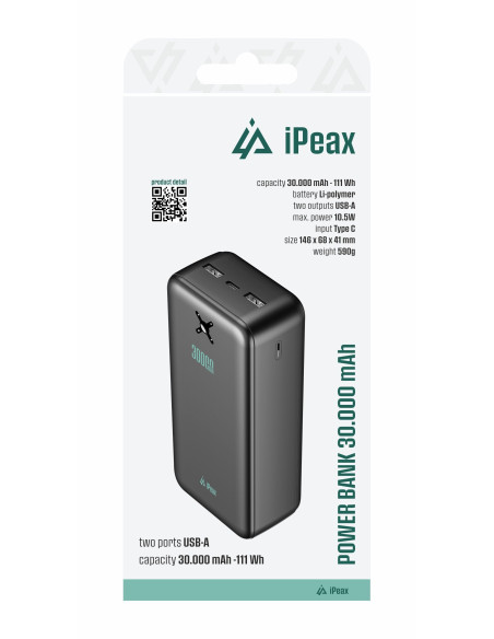 POWER BANKA 30000 mAh, 10,5W, 2x USB-A ČERNÁ