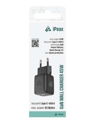 GaN SÍŤOVÁ NABÍJEČKA 45W (USB-C + USB-A) ČERNÁ