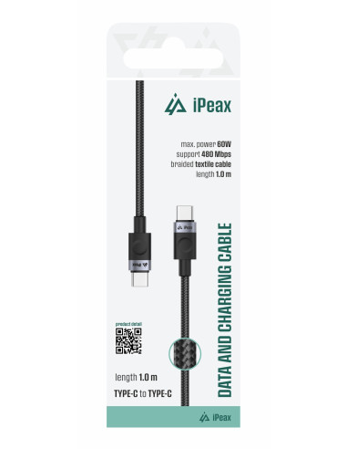 TEXTILNÝ KÁBEL USB-C / USB-C 1M, USB 2.0 ČIERNY