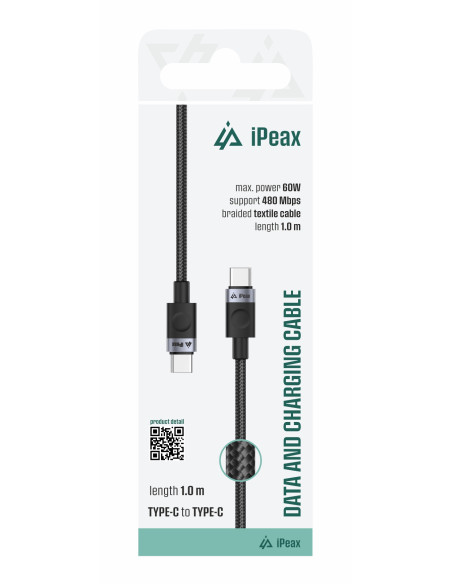 TEXTILNÝ KÁBEL USB-C / USB-C 1M, USB 2.0 ČIERNY