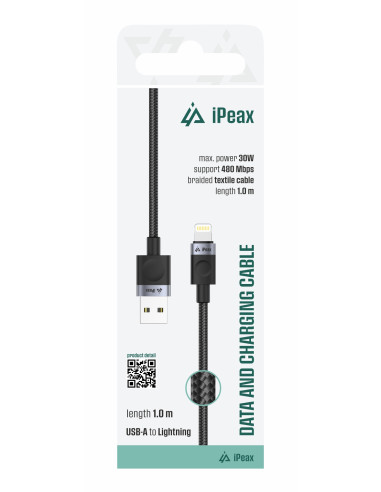 TEXTILNÍ KABEL USB-A / LIGHTNING 1M, USB 2.0 ČERNÝ
