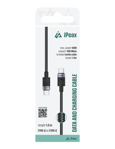 TEXTILNÍ KABEL USB-C / USB-C 1,5M, USB 2.0 ČERNÝ