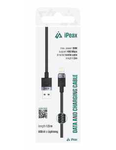 TEXTILNÍ KABEL USB-A/LIGHTNING 1,5M, USB 2.0 ČERNÝ