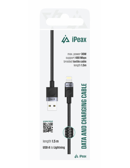TEXTILNÍ KABEL USB-A/LIGHTNING 1,5M, USB 2.0 ČERNÝ