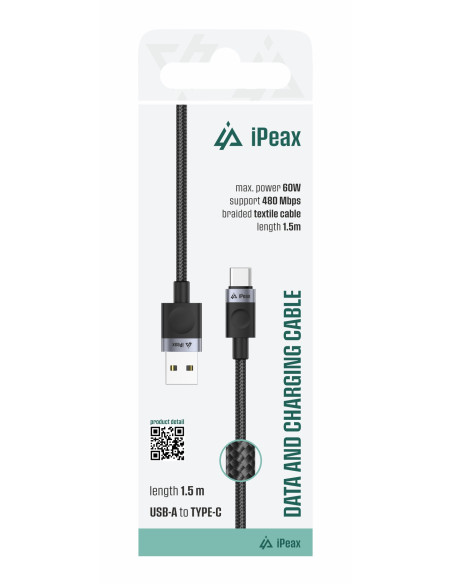 TEXTILNÍ KABEL USB-A / USB-C 1,5M, USB 2.0 ČERNÝ