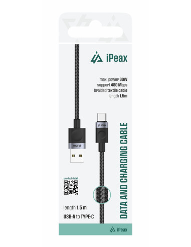 TEXTILNÍ KABEL USB-A / USB-C 1,5M, USB 2.0 ČERNÝ