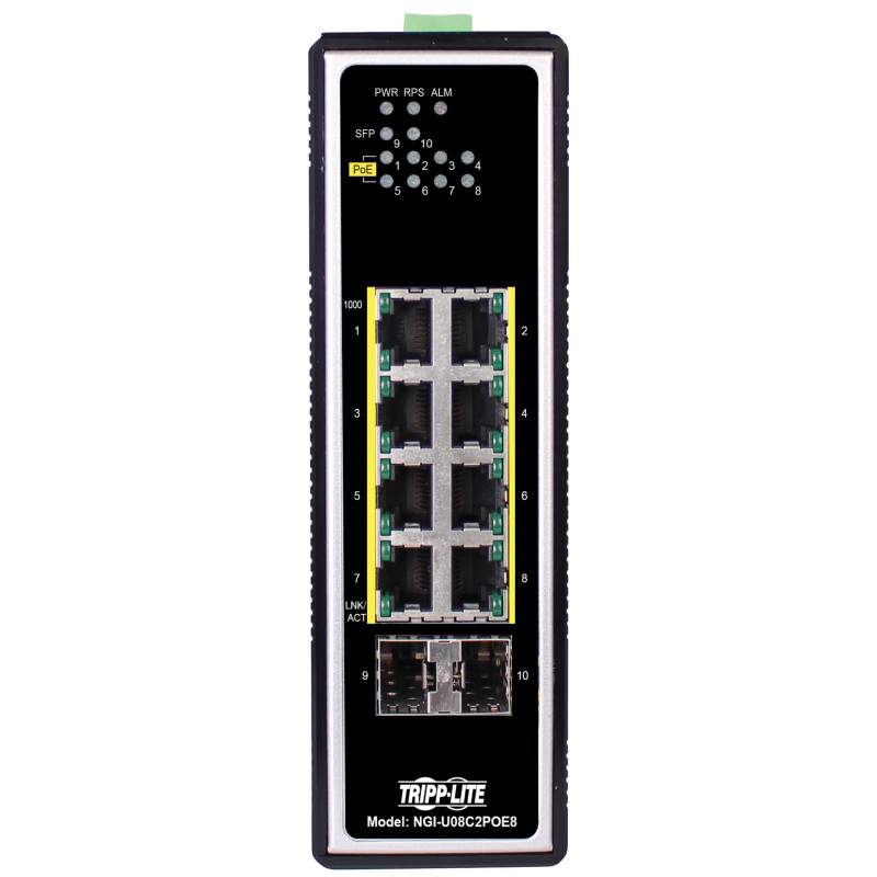 Prepínač 8x zdroj Unmanaged Ethernet Switch, 10/100/1000Mb/s, 2GbE SFP, PoE+ 30W, -40°?+75°C, DIN