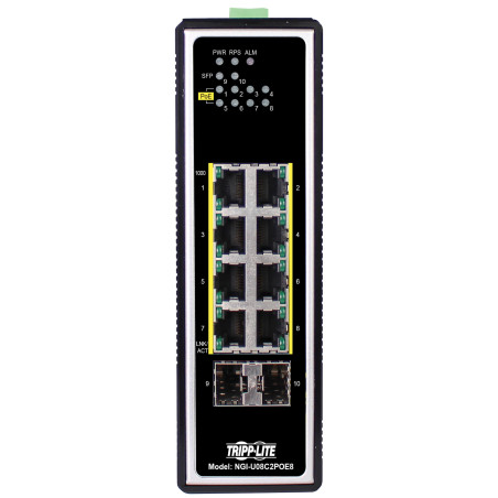 Prepínač 8x zdroj Unmanaged Ethernet Switch, 10/100/1000Mb/s, 2GbE SFP, PoE+ 30W, -40°?+75°C, DIN