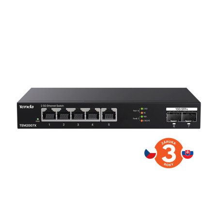 Tenda TEM2007X - Multi-gigabit switch, 5x 2.5G RJ45 + 2x 10G SFP+ port, MAC 16K, ochrana 6kV