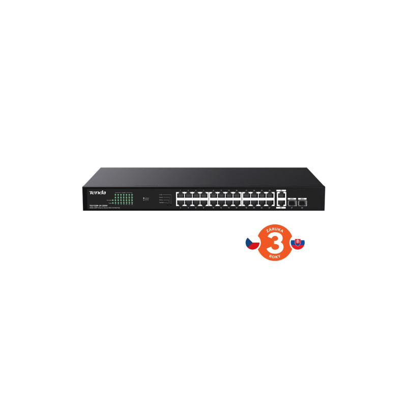 Tenda TEG1128P-24-250W PoE+ Gigabit switch 24x 1Gb/s PoE+ 802.3af/at + 2x SFP + 2x RJ45, 230W, Rack