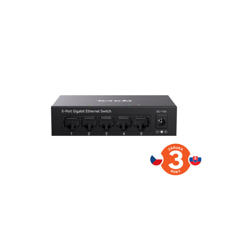 Tenda TEG1005M - 5x 10/100/1000 Mbps Kovový Switch, Fanless - bez ventilátorov, ochrana 6 kV
