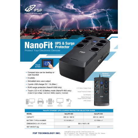 FSP UPS NanoFit 800, 800 VA / 480 W, 2xUSB power, LCD, RJ45, offline
