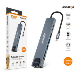Aligator Dokovacia stanica USB-C Hub 8v1 (USB-C 2xUSB SD MicroSD HDTV RJ45)