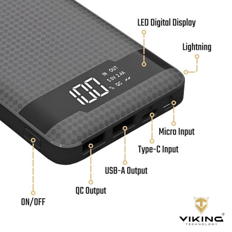 VIKING POWER BANK PN-961PD QC3.0 10000mAh, QUICK CHARGE 3.0, Čierna