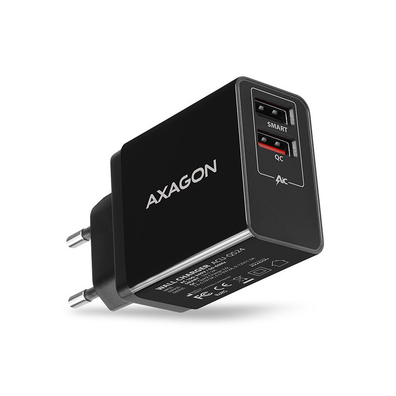 AXAGON ACU-QS24, QC & SMART nabíjačka do siete 24W, 2x USB-A port, QC3.0/AFC/FCP + 5V/1.2A