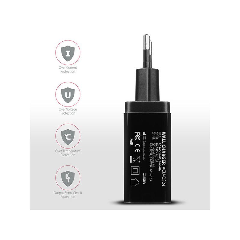 AXAGON ACU-QS24, QC & SMART nabíjačka do siete 24W, 2x USB-A port, QC3.0/AFC/FCP + 5V/1.2A