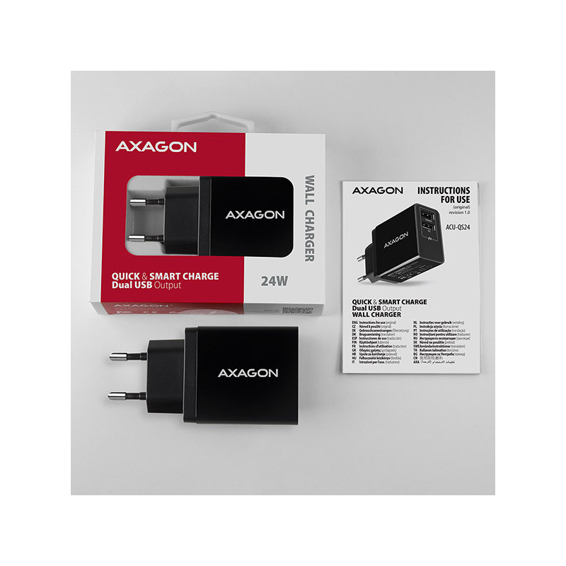 AXAGON ACU-QS24, QC & SMART nabíjačka do siete 24W, 2x USB-A port, QC3.0/AFC/FCP + 5V/1.2A