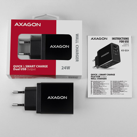 AXAGON ACU-QS24, QC & SMART nabíjačka do siete 24W, 2x USB-A port, QC3.0/AFC/FCP + 5V/1.2A
