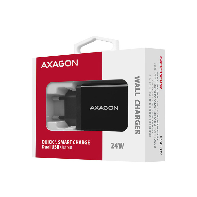 AXAGON ACU-QS24, QC & SMART nabíjačka do siete 24W, 2x USB-A port, QC3.0/AFC/FCP + 5V/1.2A