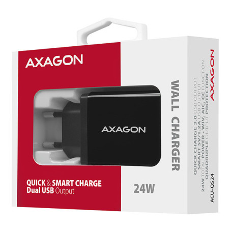 AXAGON ACU-QS24, QC & SMART nabíjačka do siete 24W, 2x USB-A port, QC3.0/AFC/FCP + 5V/1.2A