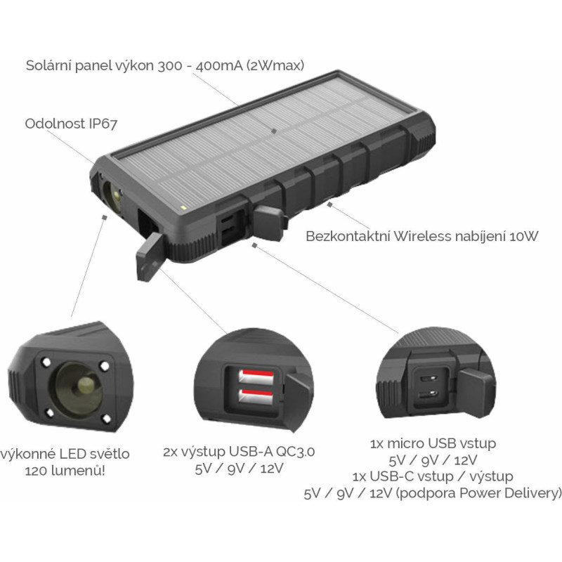 Solárna powerbanka VIKING W24W 24000mAh, QC3.0, bezdrôtové nabíjanie