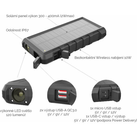 Solárna powerbanka VIKING W24W 24000mAh, QC3.0, bezdrôtové nabíjanie