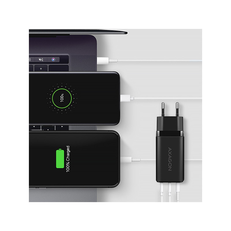 AXAGON ACU-DPQ65, GaN nabíjačka do siete 65W, 3x port (USB-A + dual USB-C), PD3.0/QC4+/PPS/Apple