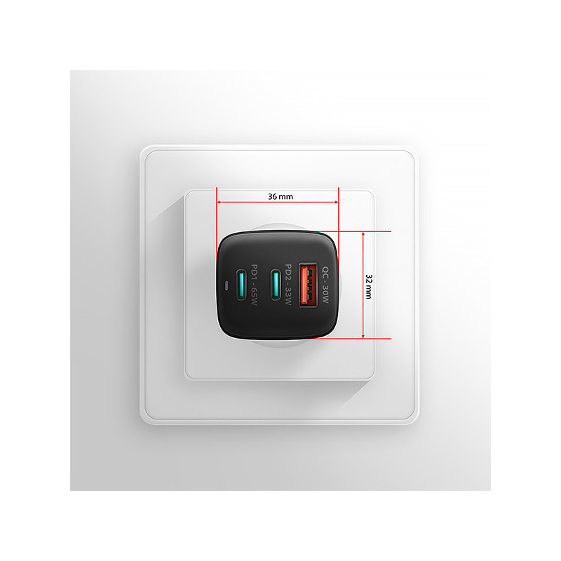 AXAGON ACU-DPQ65, GaN nabíjačka do siete 65W, 3x port (USB-A + dual USB-C), PD3.0/QC4+/PPS/Apple