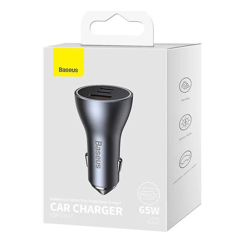 Baseus CGJP010013 Nabíjačka do Autá Triple Quick Charger USB/USB-C/USB-C 65W Dark Grey