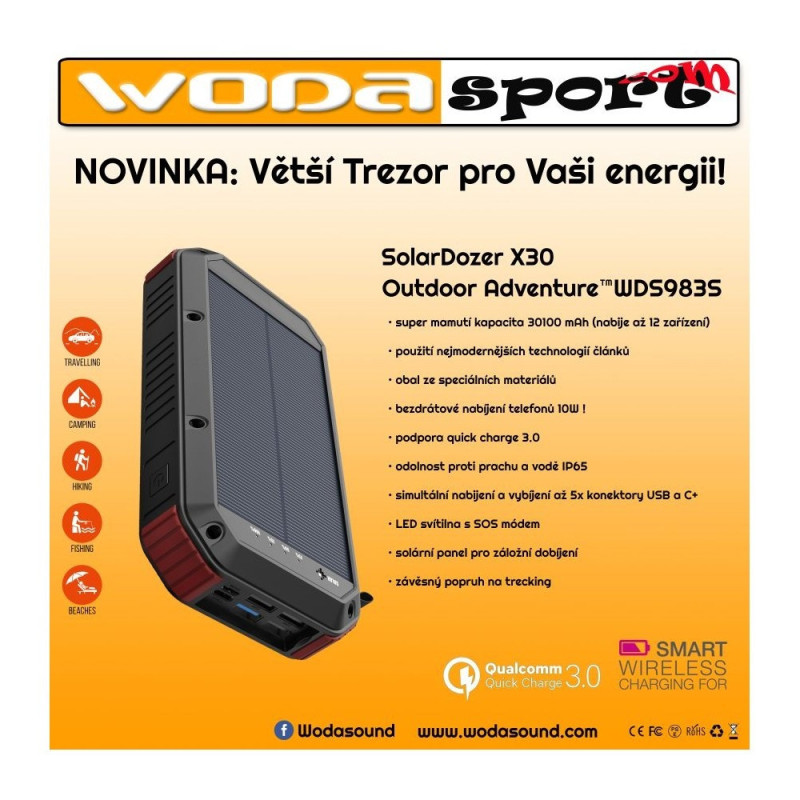 Wodasport - X30 - Solárna powerbanka Wodasport® SolarDozer X30, Outdoor Adventure™ 30100 mAh 7v1