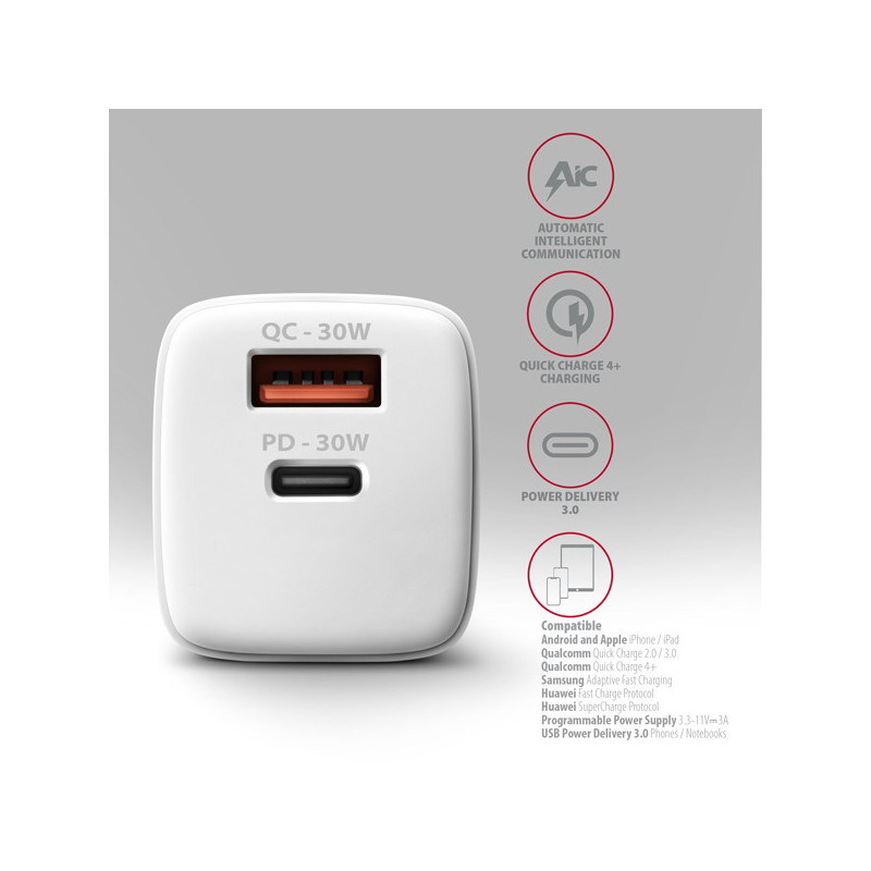 AXAGON ACU-PQ30W Síl nabíjačka do siete 30W, 2x port (USB-A + USB-C), PD3.0/PPS/QC4+/SFC/AFC/Apple