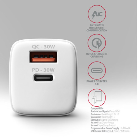 AXAGON ACU-PQ30W Síl nabíjačka do siete 30W, 2x port (USB-A + USB-C), PD3.0/PPS/QC4+/SFC/AFC/Apple