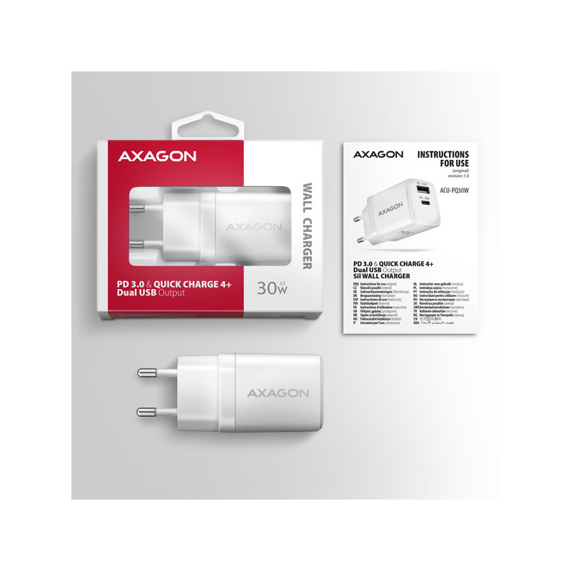 AXAGON ACU-PQ30W Síl nabíjačka do siete 30W, 2x port (USB-A + USB-C), PD3.0/PPS/QC4+/SFC/AFC/Apple