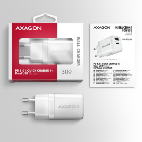 AXAGON ACU-PQ30W Síl nabíjačka do siete 30W, 2x port (USB-A + USB-C), PD3.0/PPS/QC4+/SFC/AFC/Apple