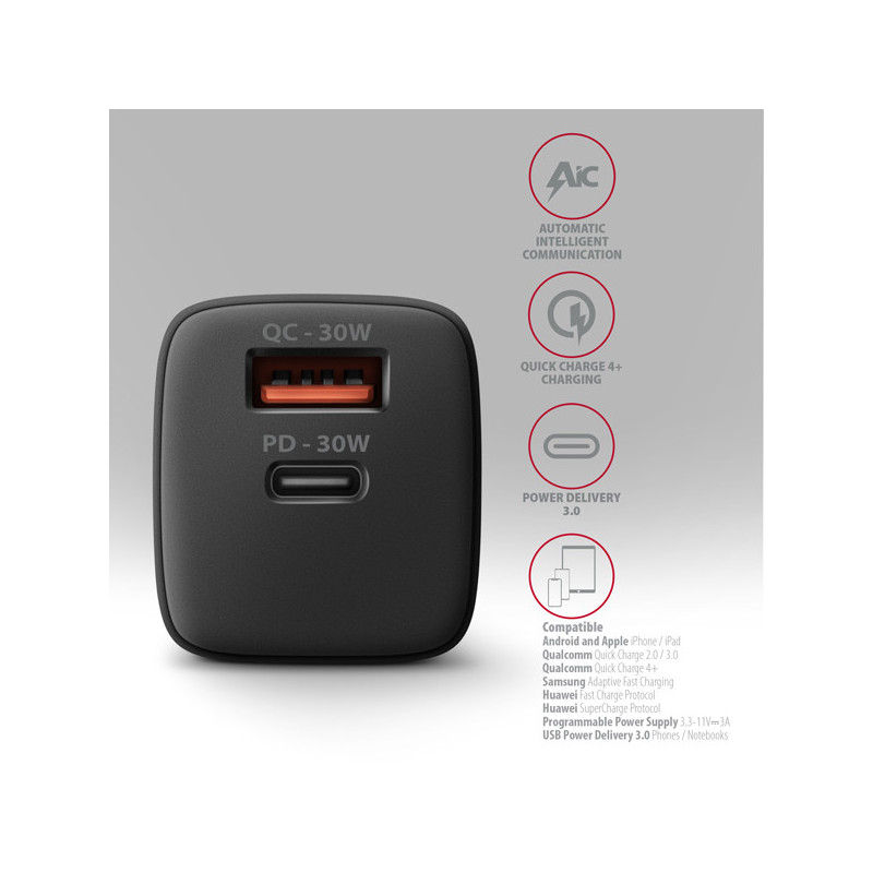 AXAGON ACU-PQ30 Síl nabíjačka do siete 30W, 2x port (USB-A + USB-C), PD3.0/PPS/QC4+/SFC/AFC/Apple