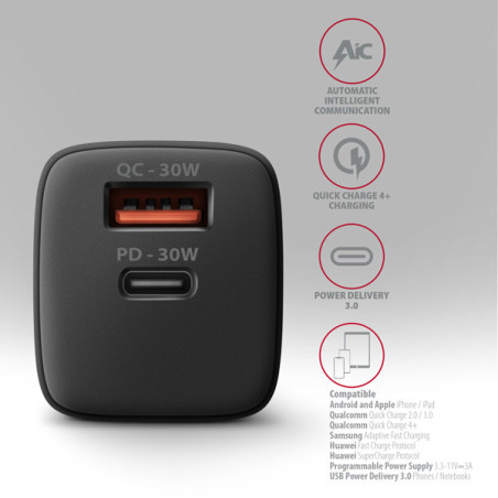AXAGON ACU-PQ30 Síl nabíjačka do siete 30W, 2x port (USB-A + USB-C), PD3.0/PPS/QC4+/SFC/AFC/Apple