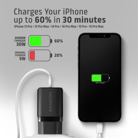 AXAGON ACU-PQ30 Síl nabíjačka do siete 30W, 2x port (USB-A + USB-C), PD3.0/PPS/QC4+/SFC/AFC/Apple
