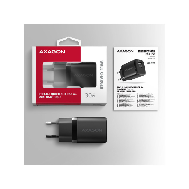 AXAGON ACU-PQ30 Síl nabíjačka do siete 30W, 2x port (USB-A + USB-C), PD3.0/PPS/QC4+/SFC/AFC/Apple