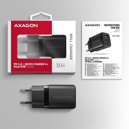 AXAGON ACU-PQ30 Síl nabíjačka do siete 30W, 2x port (USB-A + USB-C), PD3.0/PPS/QC4+/SFC/AFC/Apple