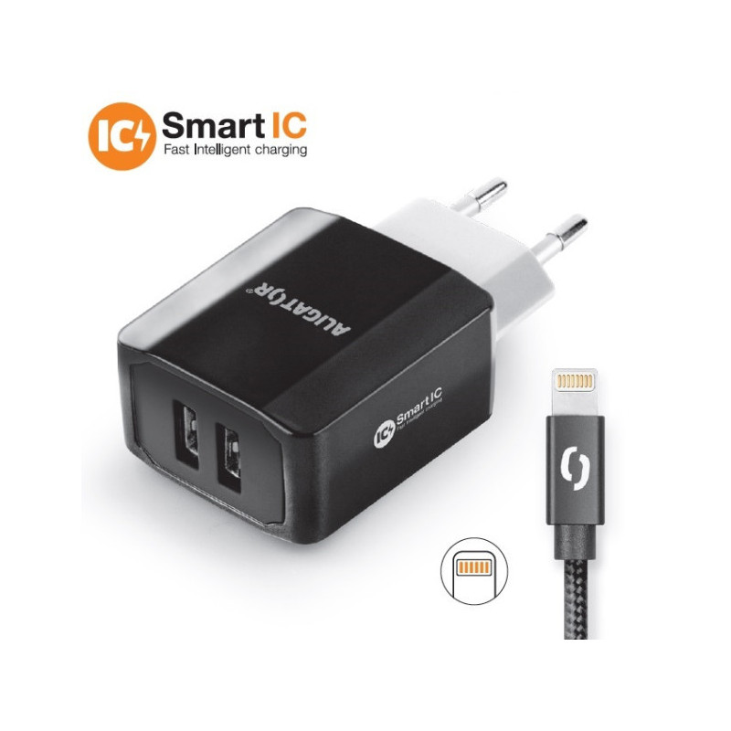 Múdra sieťová nabíjačka ALIGATOR 3.4A, 2xUSB, smart IC, čierna, kábel pre iPhone/iPad 2A