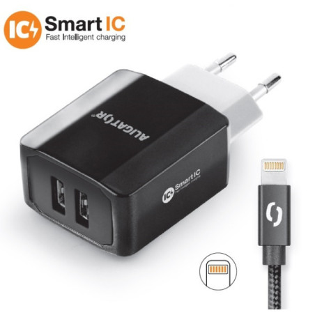 Múdra sieťová nabíjačka ALIGATOR 3.4A, 2xUSB, smart IC, čierna, kábel pre iPhone/iPad 2A