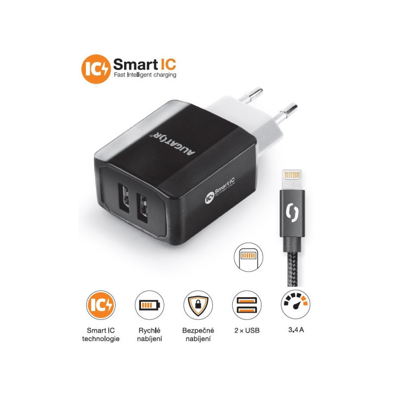 Múdra sieťová nabíjačka ALIGATOR 3.4A, 2xUSB, smart IC, čierna, kábel pre iPhone/iPad 2A
