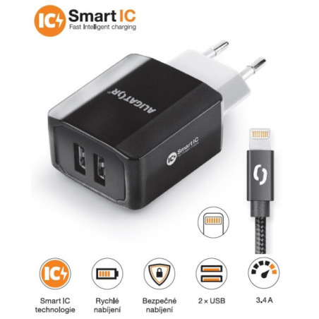 Múdra sieťová nabíjačka ALIGATOR 3.4A, 2xUSB, smart IC, čierna, kábel pre iPhone/iPad 2A
