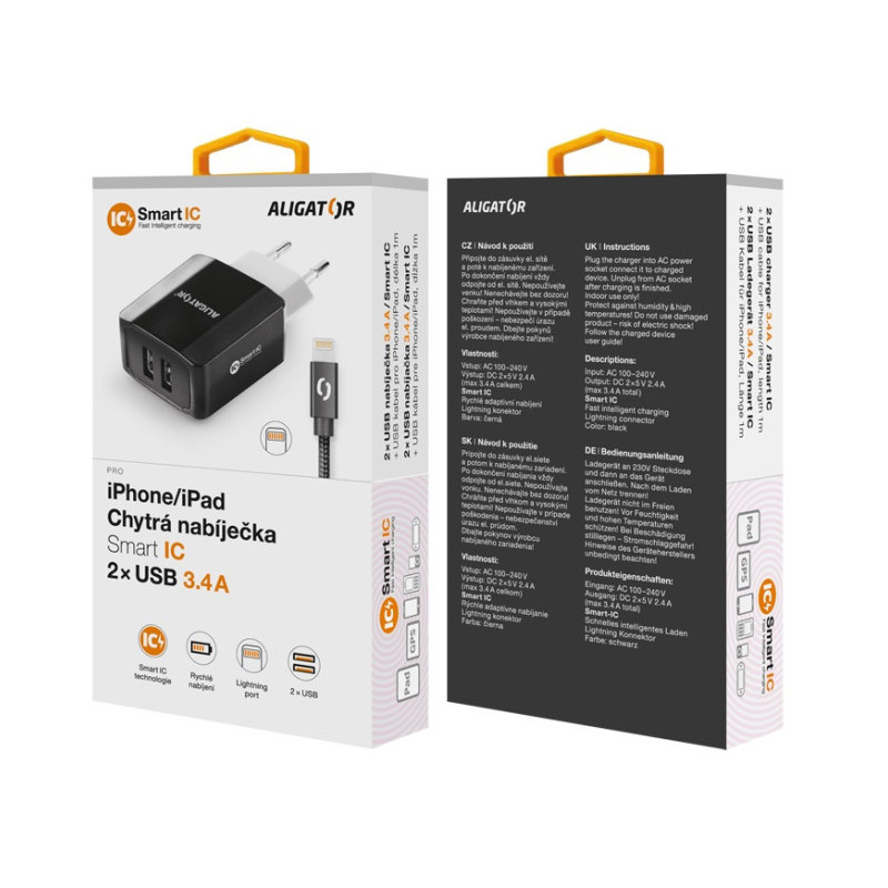 Múdra sieťová nabíjačka ALIGATOR 3.4A, 2xUSB, smart IC, čierna, kábel pre iPhone/iPad 2A