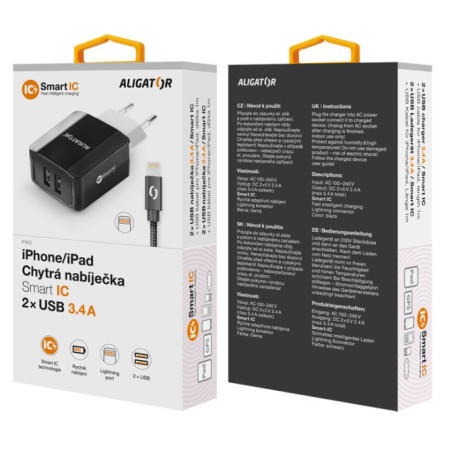 Múdra sieťová nabíjačka ALIGATOR 3.4A, 2xUSB, smart IC, čierna, kábel pre iPhone/iPad 2A