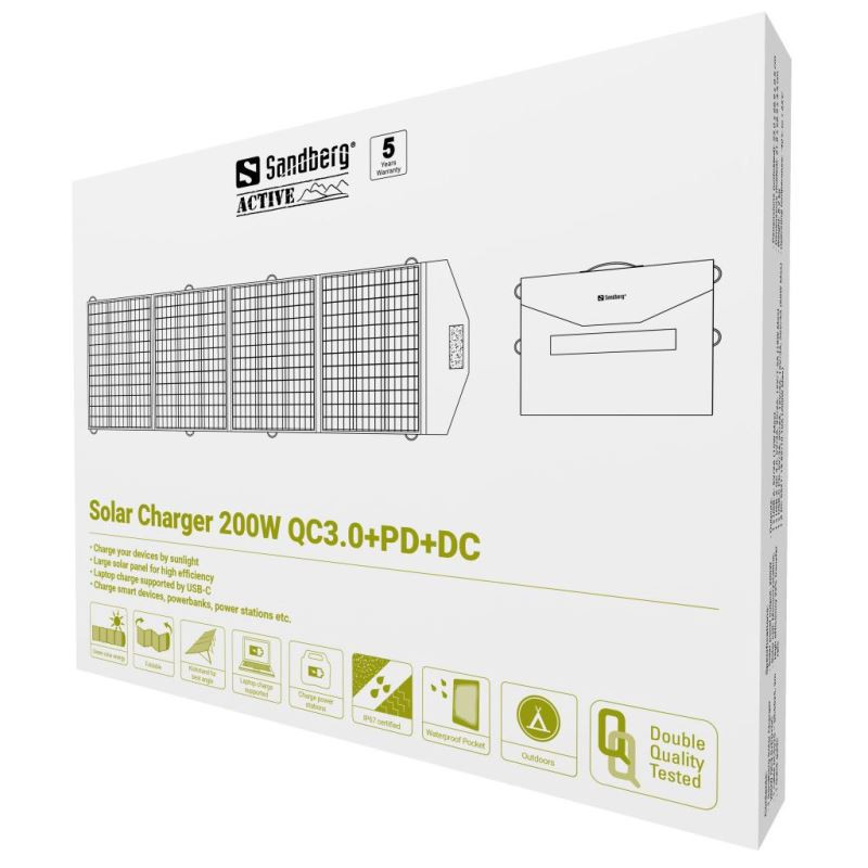 Sandberg solárny panel - nabíjačka, výkon 200W, QC3.0+PD+DC, čierna