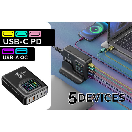 Viking USB GaN charger 200W PD PRO/sieťový adaptér/Output:3xUSB-C,2xUSB-A/Rýchlo nabíjania/